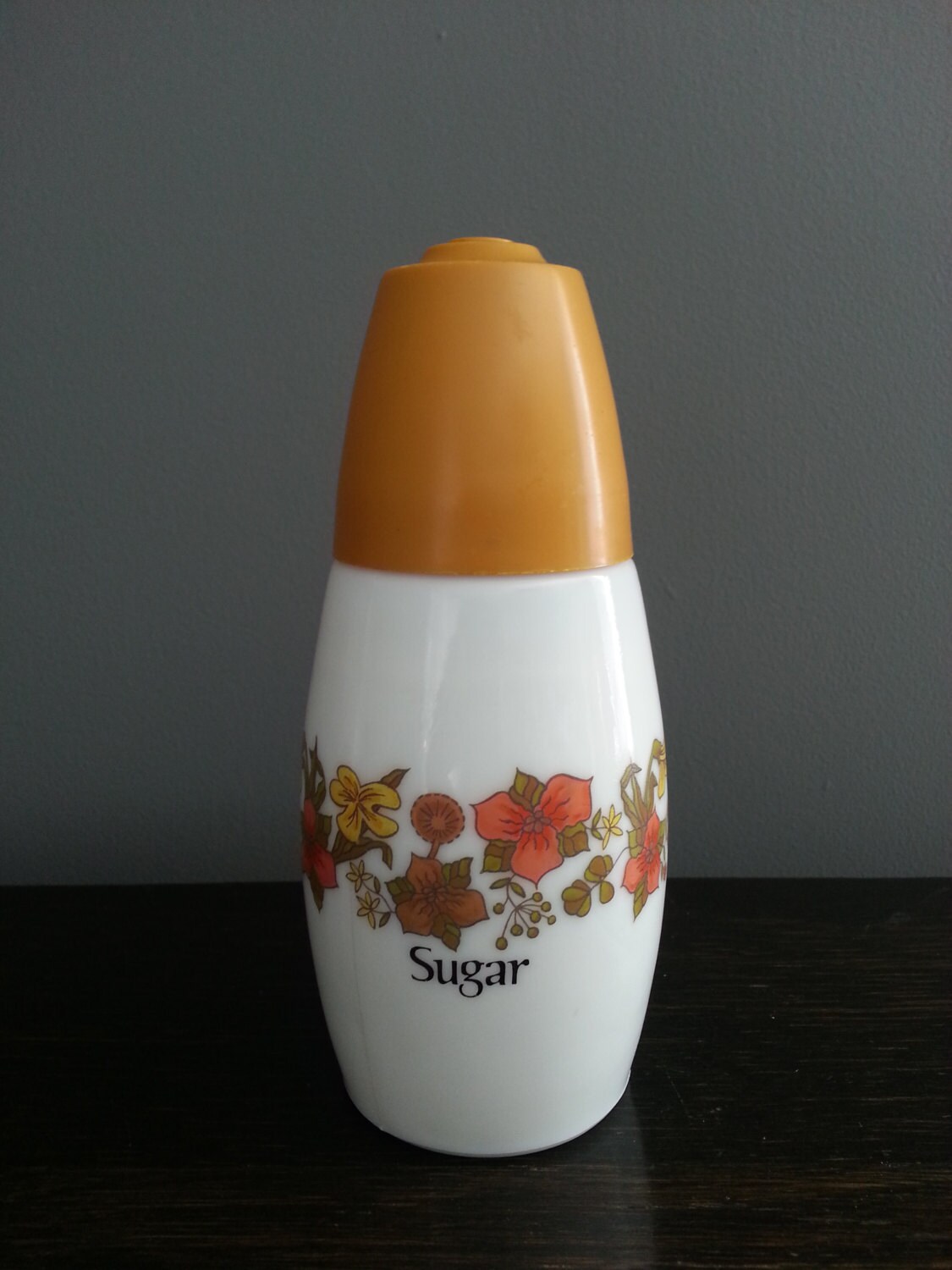 Vintage Milk Glass and Harvest Gold Sugar Dispenser with Flowers Haute Juice