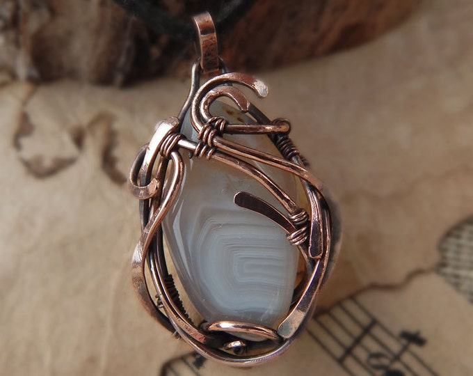 Graceful Gray agate Pendant,Elegant gift idea,Copper Wire winding, Fantasy style, Ooak,Birthstone, Eco jewelry,Gift for her,Natural gemstone