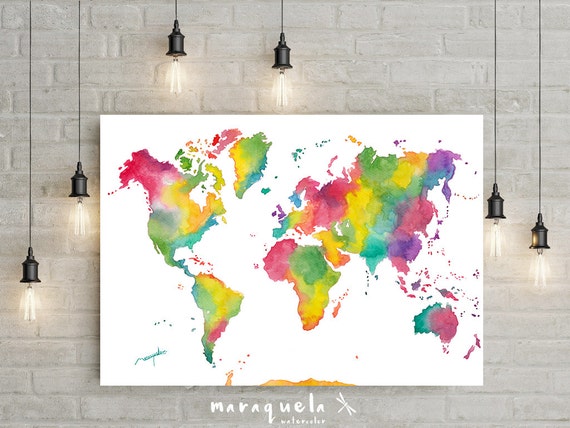 rainbow colors world map watercolor art print by maraquela on etsy