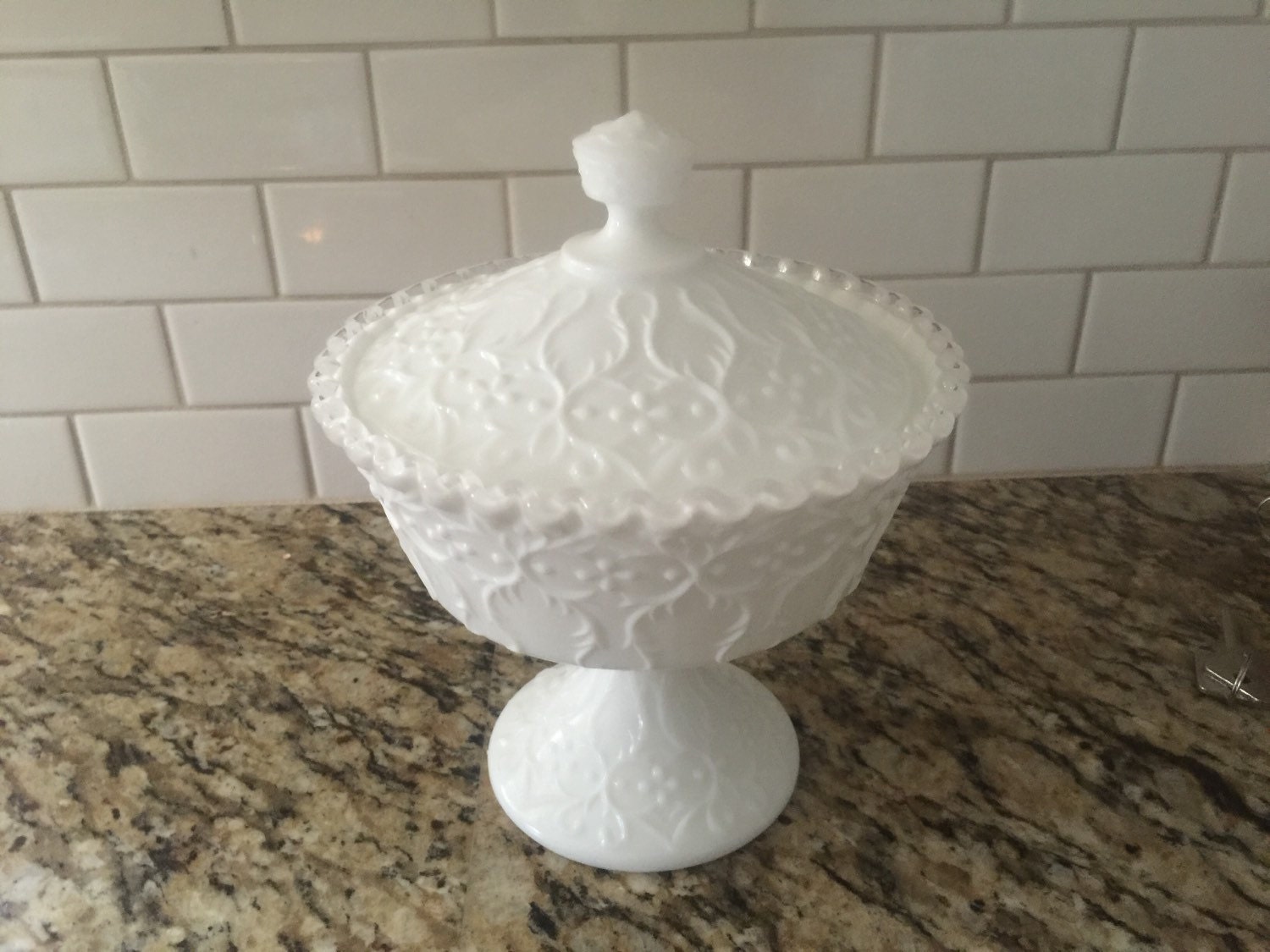 Vintage Fenton milk glass spanish lace pedestal candy dish