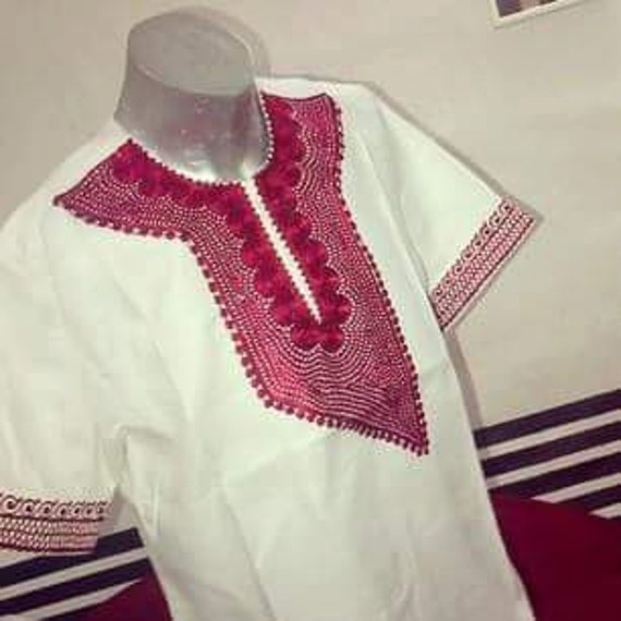 White Slim Fit African Top . red embroidery