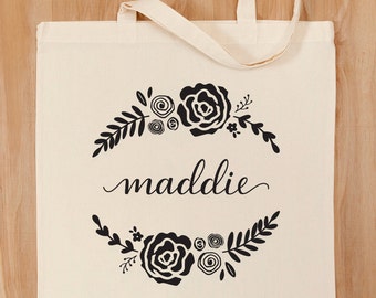 Personalized Tote Bag – Custom Calligraphy and Floral Design – Bridesmaid – Bridal Party – Birthday Gift – Teacher Gift – Mother's Day