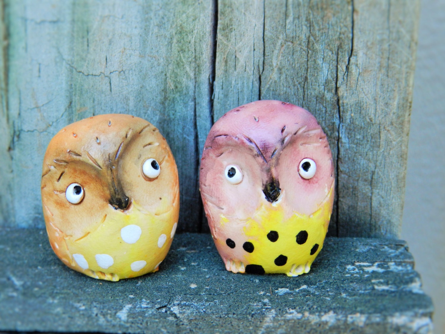 Sale two polymer clay owls cute owl figurines collectible