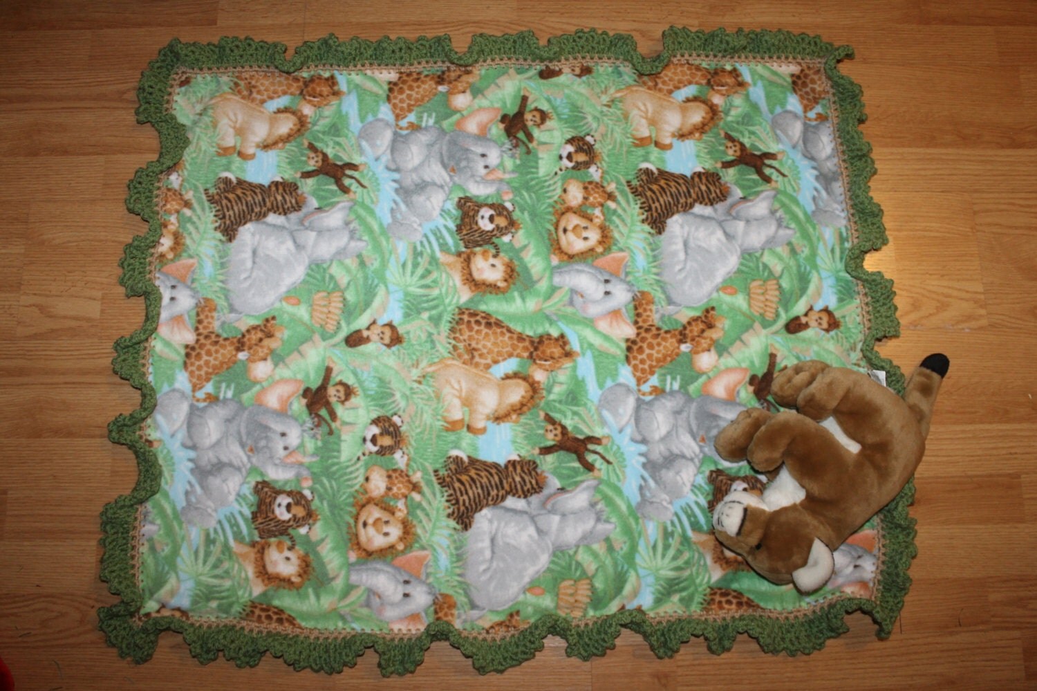 Baby Jungle Fleece Blanket with crochet trim// soft baby zoo
