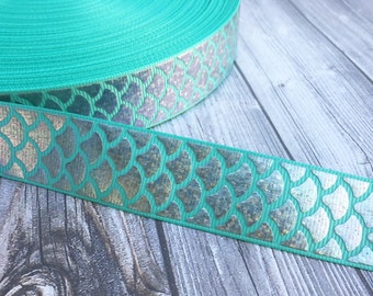 Mermaid scale ribbon - Be a mermaid - Mermaid ribbon - Teal mermaid - Fish ribbon - Ocean ribbon - Sea life ribbon - 1" Grosgran ribbon -