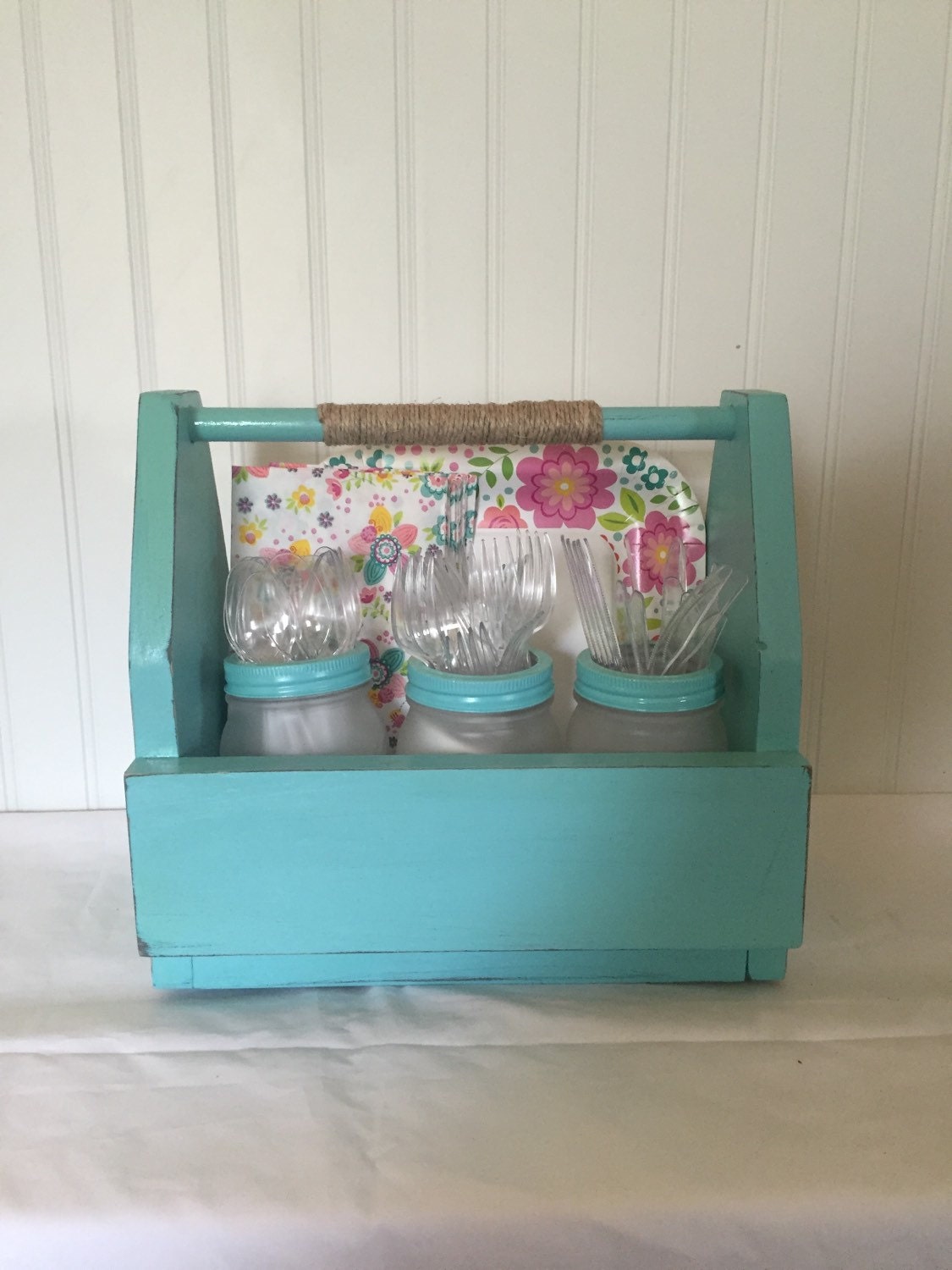 Wooden Picnic Caddy with Frosted Mason Jars by GingersCountryDecor