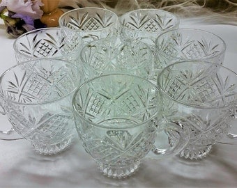 CUT CLEAR GLASS Coffee Mugs with Fan & Grid Pattern Vintage Set of 8 Large Cups With 8 Ounce Capacity