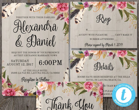 Printable Boho Wedding Invitation Template Set RSVP by