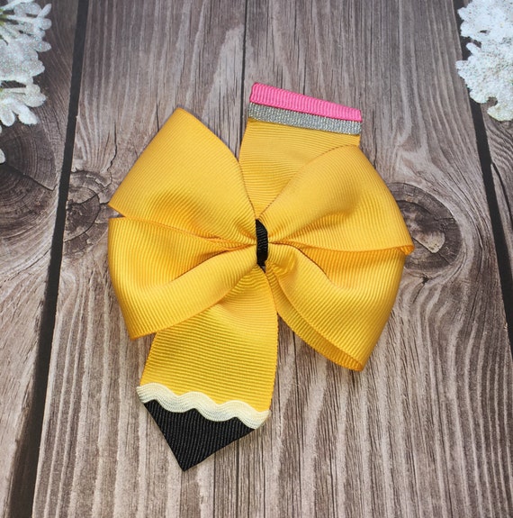 Pencil hair bow with gold ribbon for back to school