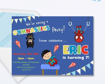 Boys Gymnastics Party Invitation - Superhero Gymnastics Birthday Invitation - Gymnastics Invite - Boys Gymnastics Party Birthday Invite