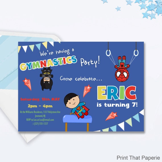 Boy Gymnastics Birthday Party Invitations 10