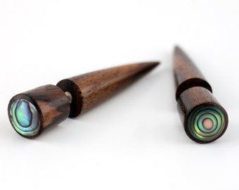 Sono Wood Fake Gauges Taper With Abalone Shell Inlay Earrings