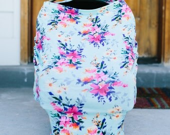 3-in-1 Stretchy Baby Nursing Cover, Car Seat Canopy, and Shopping Cart Cover (TEAL FLORAL)