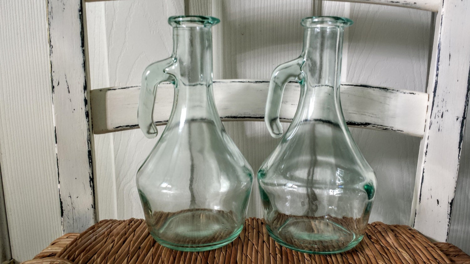 Vintage Italian Oil And Vinegar Blue Green Tinted Glass Cruets