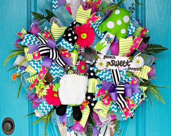 Gnome Wreath, Gnome Decor, Garden Gnome, Summer Deco Mesh Wreath, Summer Wreath, Gnome Sweet Gnome, Gnome Figurine, Everyday Wreath