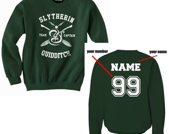 CAPTAIN - Custom name and number on back Slytherin Quidditch team Captain WHITE print on Forest green Crew neck Sweatshirt