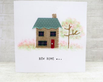 New Home Card, Fabric House Card, good luck new house card, congratulations, handmade moving home card, house art, home keepsake.