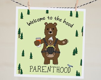 Welcome to the Hood, Parenthood Card | Funny New Baby Card | Congratulations | Cute Bears | Baby Shower Card | New Parents Card | Humour