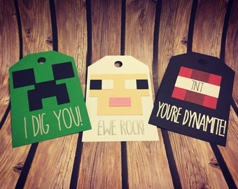 Handmade Minecraft Childrens Party Invitation Tags; Sheep, TNT, & Creeper; Minecraft Party