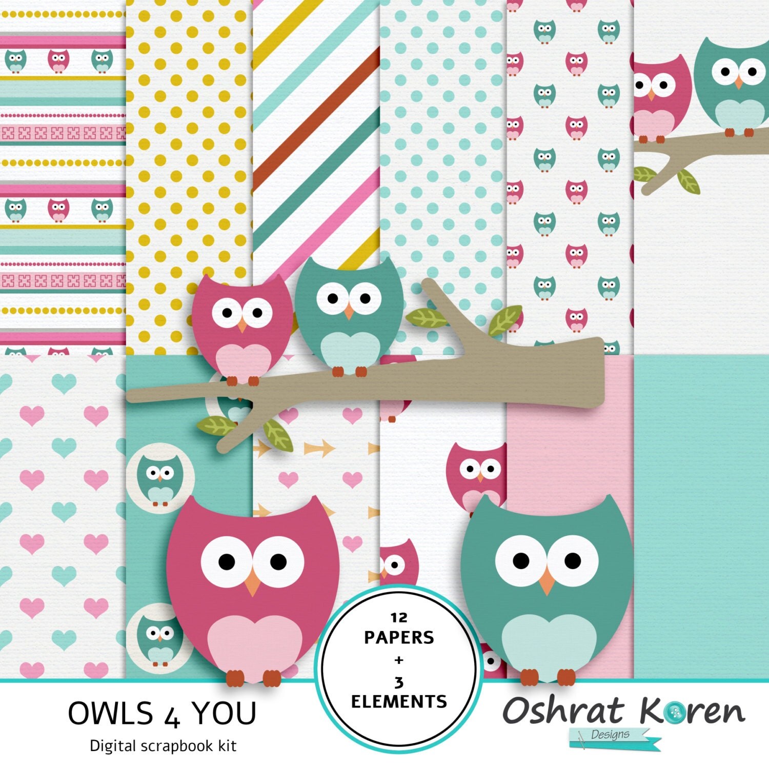 Owls digital scrapbook paper kit owls clip art 12X12