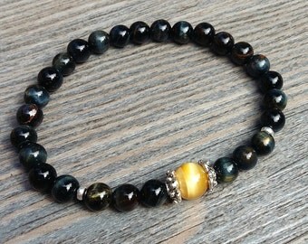 Bracelet unisex fait de pierres fines oeil de tigre bleu Grade A et oeil de tigre