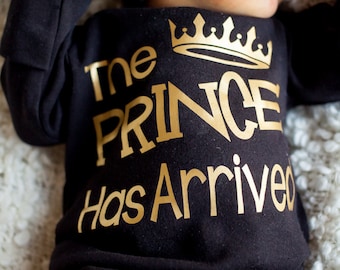 Newborn boy black and gold bodysuit Prince Has Arrived - take home outfit - Newborn boy hospital gown - Baby Boy Gift - Hat Sold Seperately