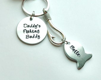 Daddy's Fishing Buddy Hand Stamped Keychain with Fishing Lure Charm and Personalized Fish, Fishing Keychain, Gift for Dad, valentine's day