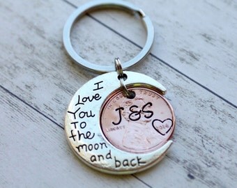 Hand Stamped Penny Keychain, I love you to the moon and back charm, Penny keychain, hand stamped love, Valentine's keychain, love christmas