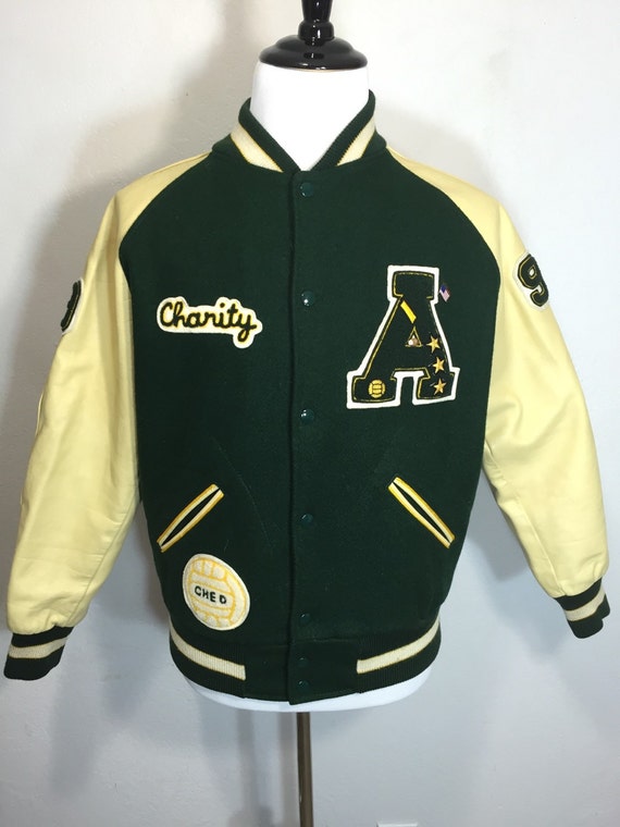 80's varsity jacket wool leather sleeve green patches