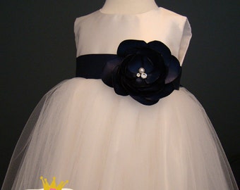 Navy flower girl dress, tulle dress, special occasion dress, toddler party dress, 1st birthday, baby baptism, christening, pageant dress