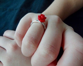 Sterling Silver Ring with Red Coral Rose