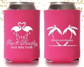 Paradise Palm Flamingo Wedding or Bachelorette Can Cooler Beer Cozy