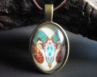 Aries zodiac glass cabochon pendant on leather