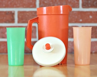 Clearance Tupperware small orange pitcher with 2 glasse set, Pastel Tupperware glass, plastic glass, juice pitcher, 70 decor, Christmas gift