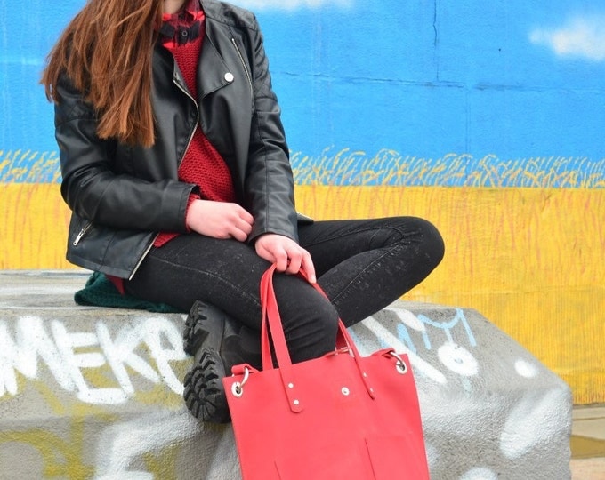 Handmade Shopper Bag - Leather Tote Bag - Handmade Red bag - Leather Handbag - Handmade Shoulder Bag - Large Leather Cross-body bag - Gift