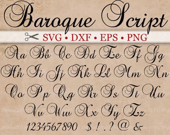BAROQUE Script Monogram Svg Font; Svg, Dxf, Eps, Png; Digital Monogram, Calligraphy Script, Cursive Svg Font, Silhouette, Cricut, Cut Files