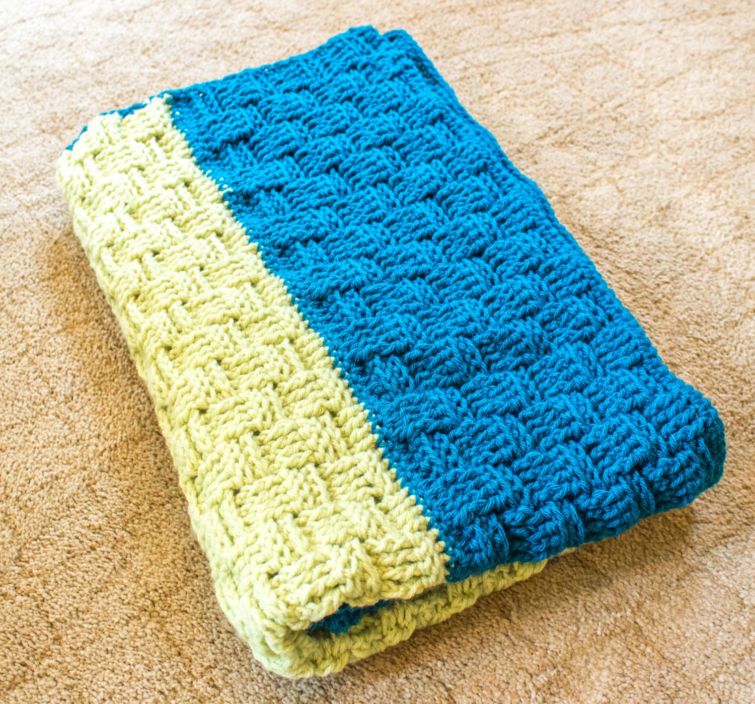 Download Lime and Teal Basket-Weave Crochet Baby Blanket