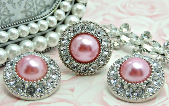 PRETTY PINK Pearl Buttons W/Pink Rhinestones Silver Acrylic