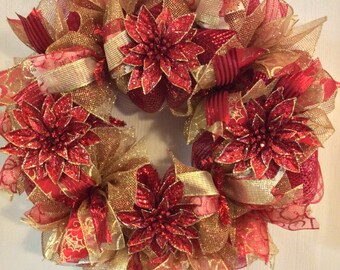 Poinsettia Wreath-Holiday Wreath-Merry Christmas Wreath-Christmas Wreath-Mesh Wreath