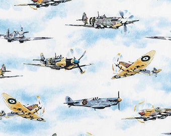 Robert Kaufman transporte tela - Batalla de Gran Bretaña Spitfires - blanco - por metro de 1/2-100% algodón