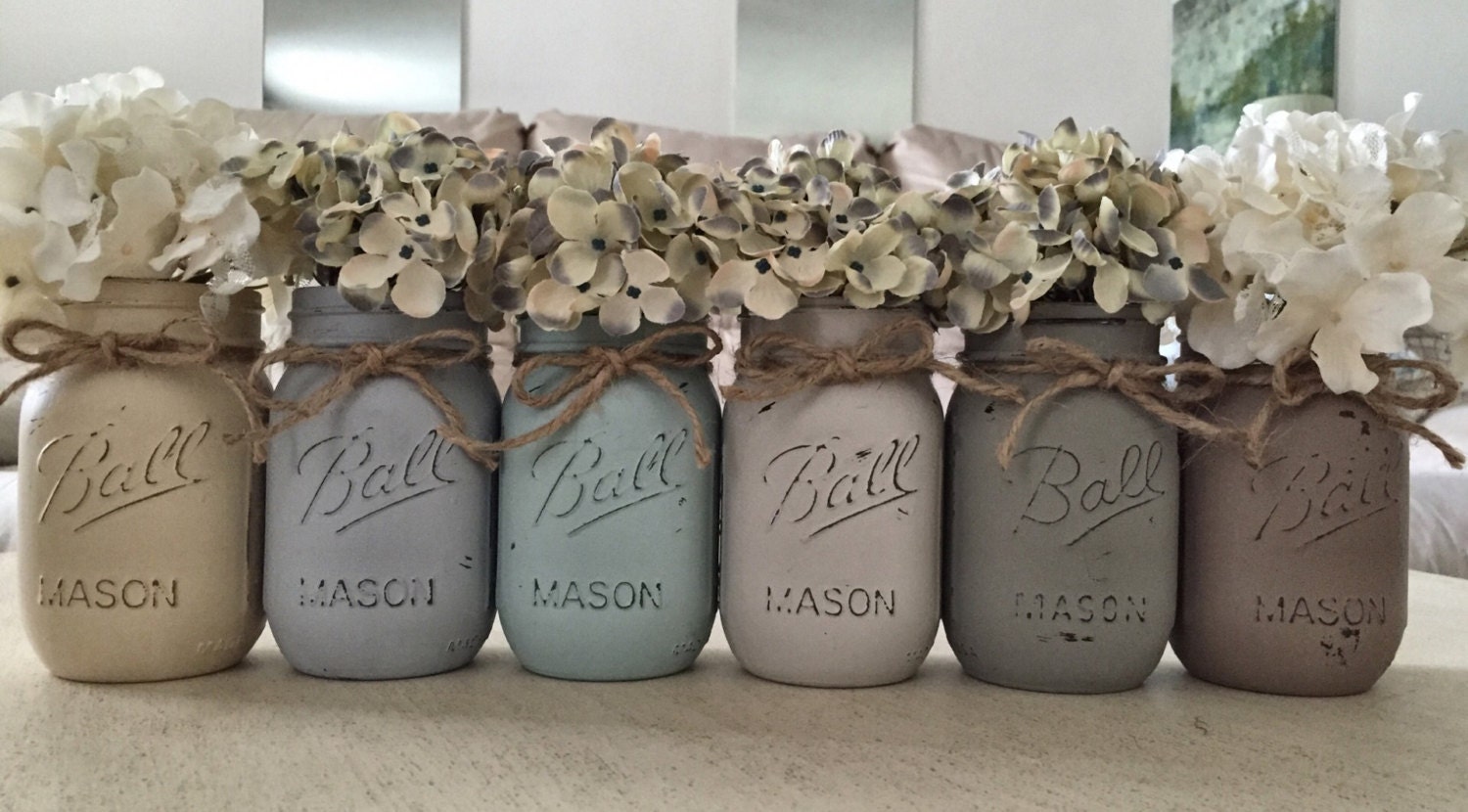 Rustic Wedding Decor. Chalk painted Mason Jar's Wedding