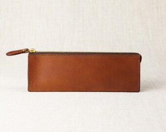 Leather Pencil Case, Leather Pen Case, Leather Pen Holder, Medium Size, Brown Color