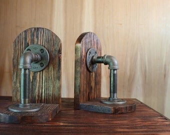 Industrial Book Ends, Steampunk Book Ends, Game Holders, CD Holder, Pine Wood Book Ends, Pipe Book Ends