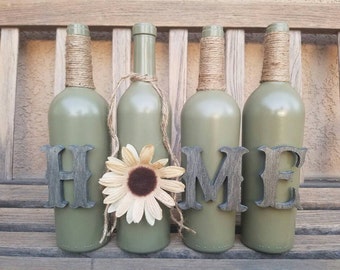 Home wine bottle set. Home decor. Rustic decor. Table decor. Mantel decor. Painted wine bottles. Decorated wine bottles. Wine bottle.