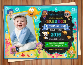 Bubble Guppies party photo invitation for boy, Bubble Guppies digital chalkboard invitation, thank you card free! print it yourself!