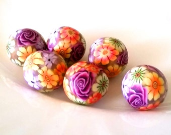 6 beads, polymer clay beads, Summerflowers, Millefiori, colorful floral,.