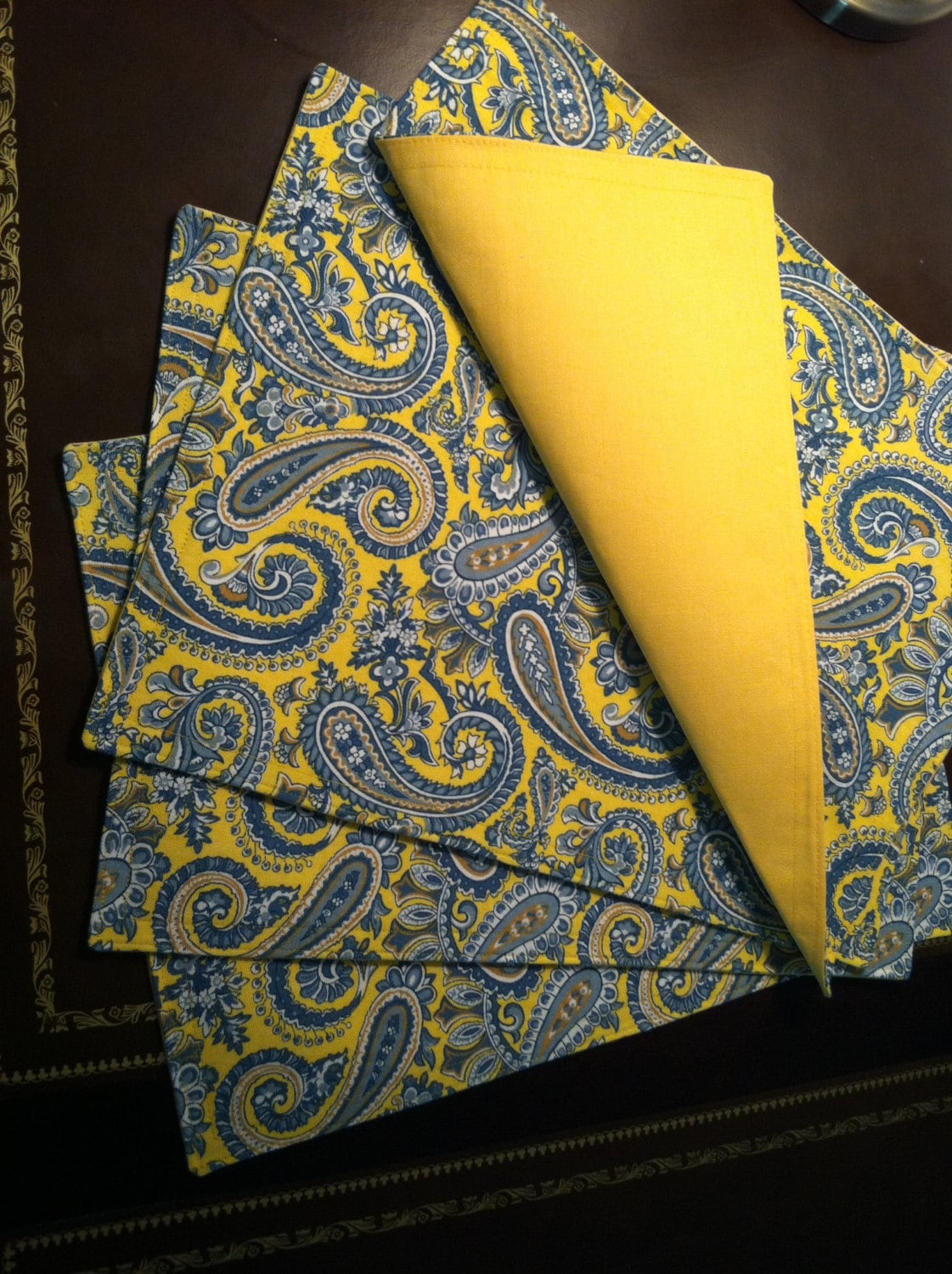Blue and Yellow Paisley Placemats Set of 4 by beckystrinketscrafts