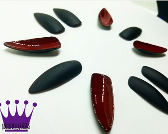 Matte Black Tops/Glossy Red Bottoms On Extra Long Stiletto Press On Nails | Long Stiletto Nails | Fake Nails | Drag Queen Nails