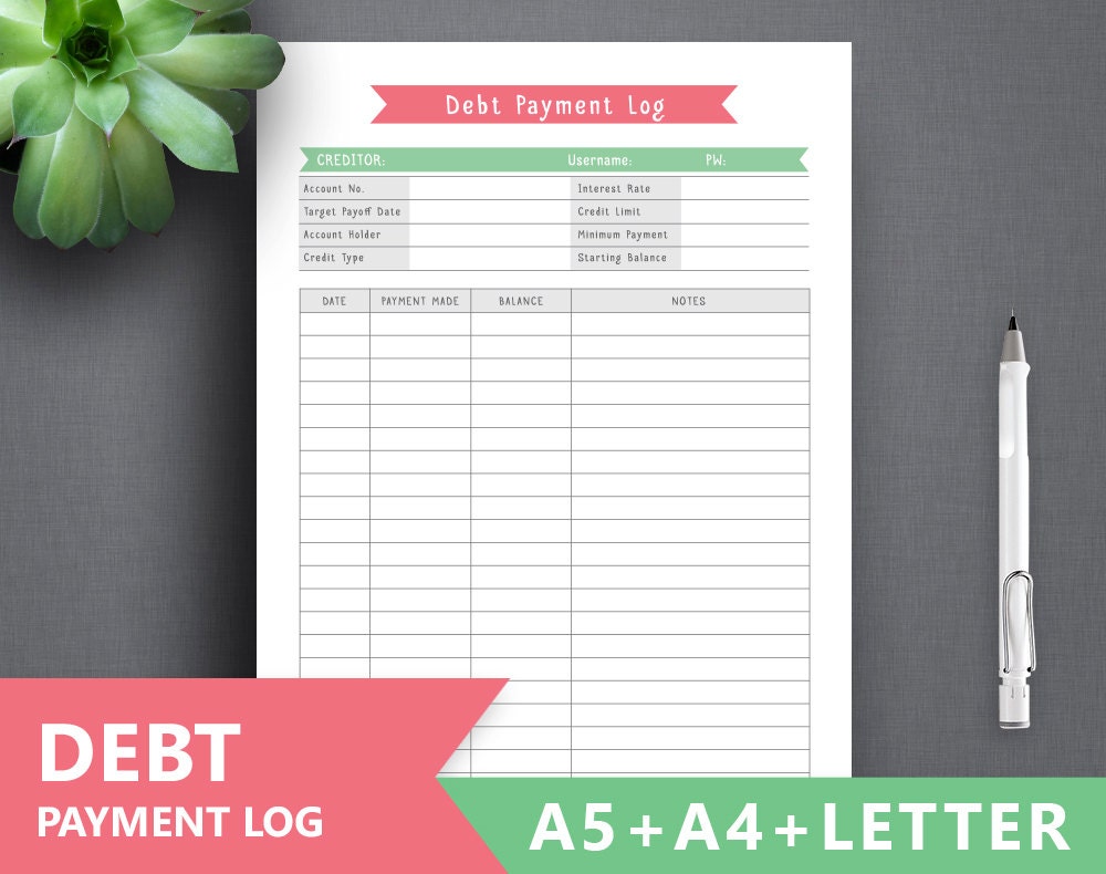 Debt Log Printable DEBT PAYMENT Letter A4 A5