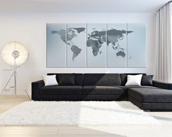 Large grey world map canvas, gray world map, push pin grey world map, push pin wall art, silver map of the world